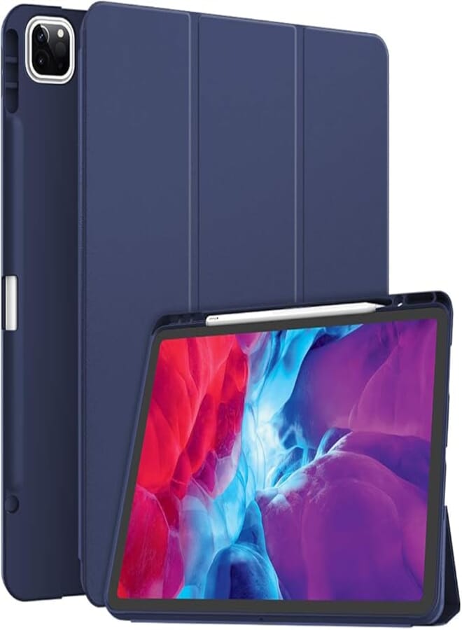 Soke iPad Pro 12.9 inch Case 2020 with Pencil Holder,New iPad case 12.9 inch Lightweight Smart Cover with Soft TPU Back+【Apple Pencil Charging】+ Auto Sleep/Wake for iPad pro 2018/2020 (Dark Blue)